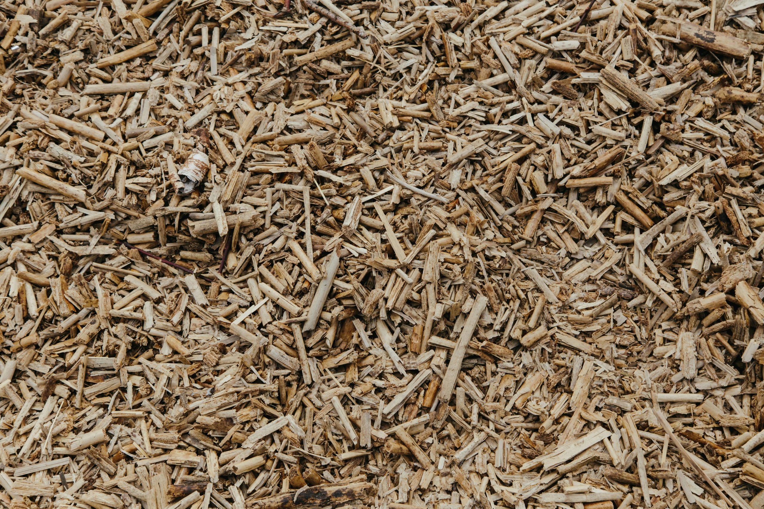 Close-up view of a textured surface of natural brown wood chips, ideal for organic and environmental themes. Vue rapprochée d'une surface texturée de copeaux de bois brun naturel, idéale pour les thèmes organiques et environnementaux.
