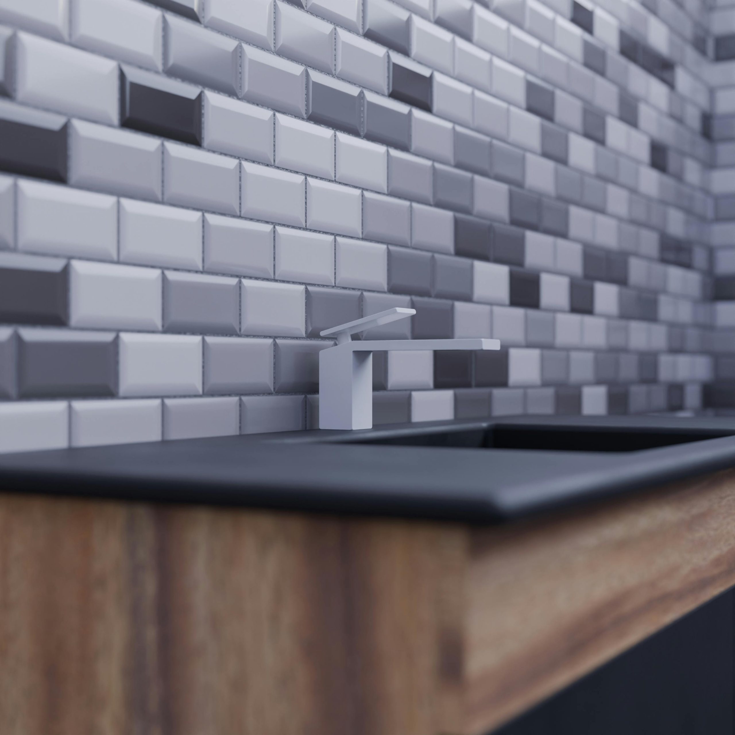 A sleek modern kitchen with a minimalist sink and stylish tiled backsplash in neutral tones. Une cuisine moderne élégante avec un évier minimaliste et un dosseret de carrelage élégant aux tons neutres.