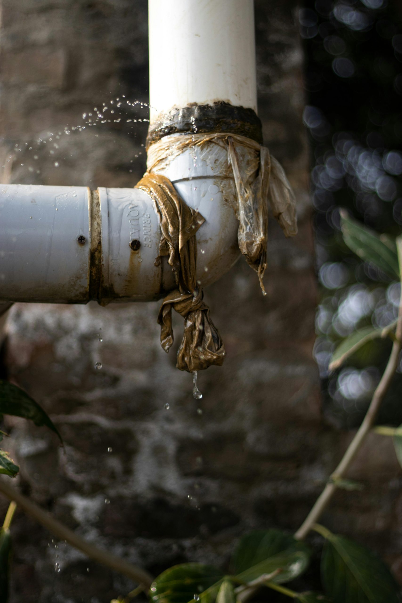 Close-up of a leaking plastic pipe outdoors with water dripping, showing wear and tear. Gros plan d'un tuyau en plastique qui fuit à l'extérieur avec de l'eau qui goutte, montrant l'usure et les dommages.
