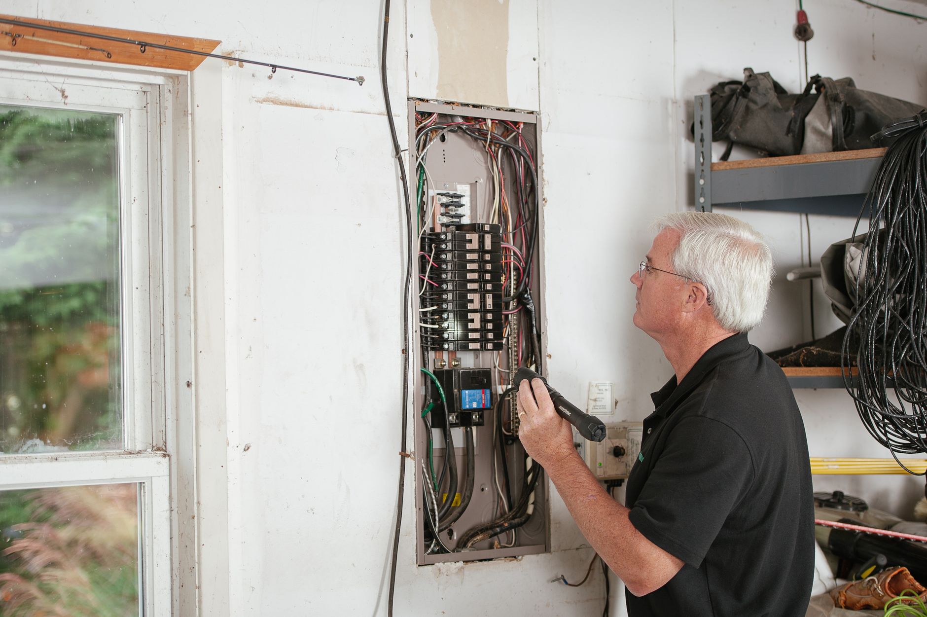Électricien qui inspecte un tableau électrique