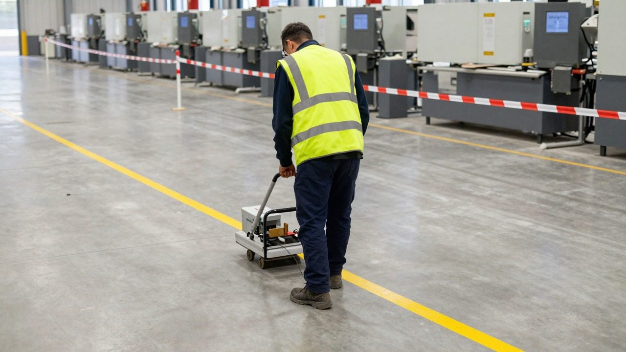 traçage d une ligne jaune dans un atelier